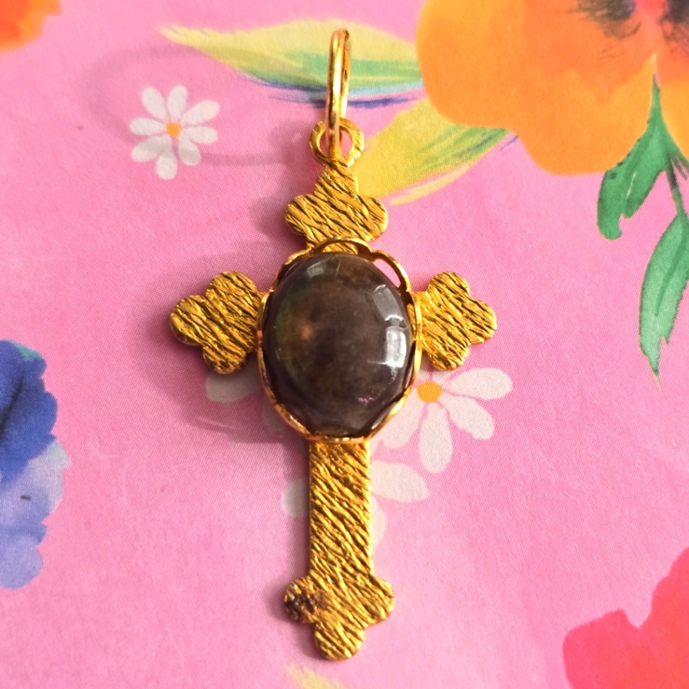 Vintage Labradorite Cross Pendant Gold Tone Christian Catholic Religious